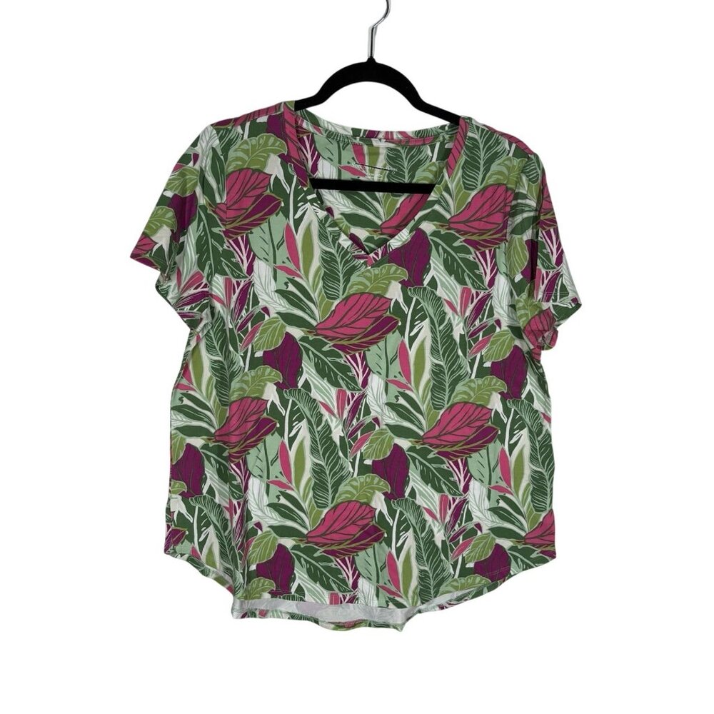 Soft Surroundings Size Petite Large Tropical Floral Short Sleeve V-Neck Top NWOT